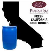 Blue California juice drum with Presque Isle Wine Cellars logo and text on a black silhouette of California.