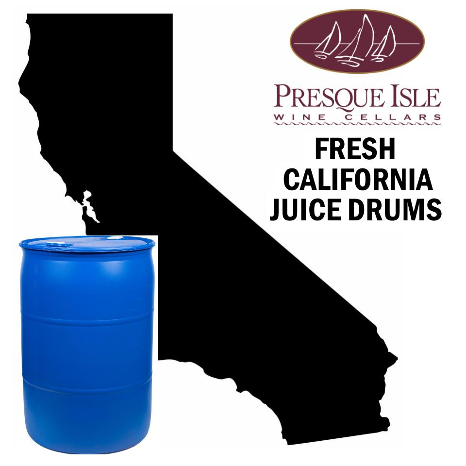 Blue California juice drum with Presque Isle Wine Cellars logo and text on a black silhouette of California.