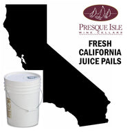 White bucket labeled 'Fresh California Juice Pails' with Presque Isle Wine Cellars logo and California map on a white background.