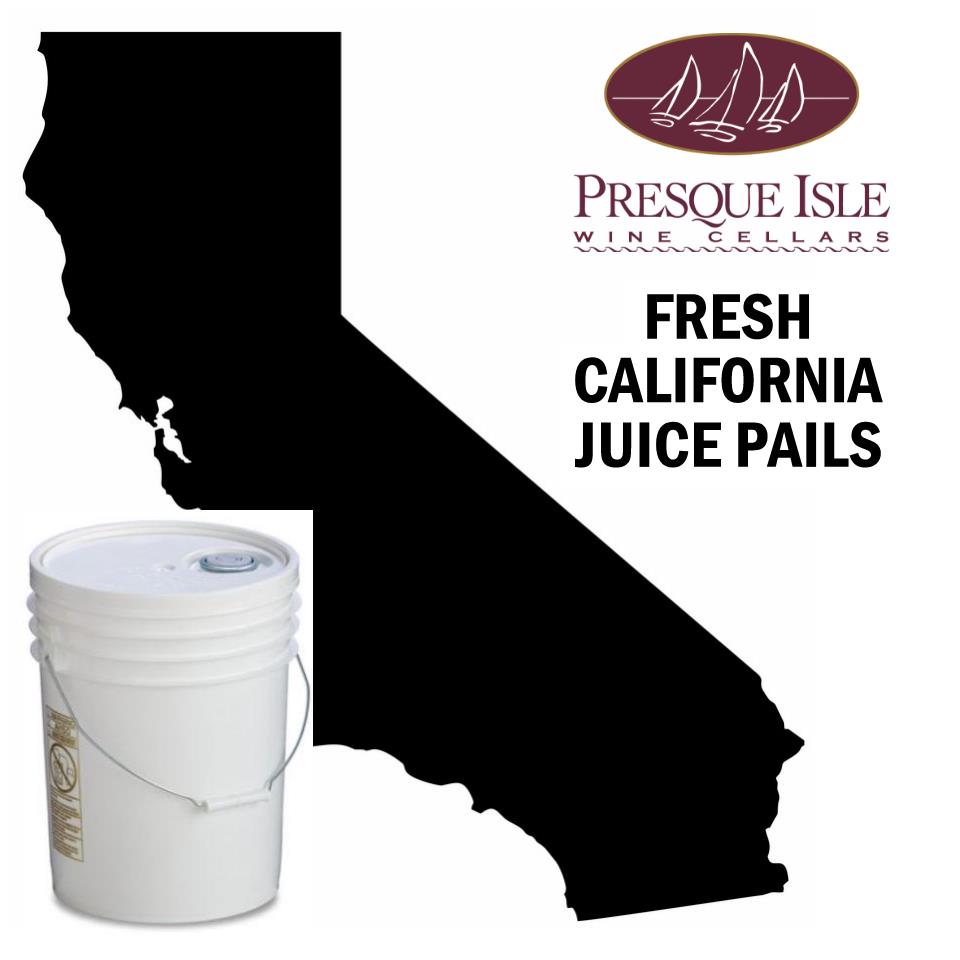 White bucket labeled 'Fresh California Juice Pails' with Presque Isle Wine Cellars logo and California map on a white background.