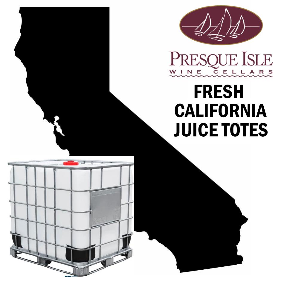 Presque Isle Wine Cellars Fresh California Juice Totes with a large container on a map outline of California.