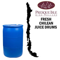 Blue Chilean juice drum with Presque Isle Wine Cellars logo and map of Chile on a white background
