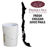 White bucket labeled 'Fresh Chilean Juice Pails' with Presque Isle Wine Cellars logo on a white background with map of Chile