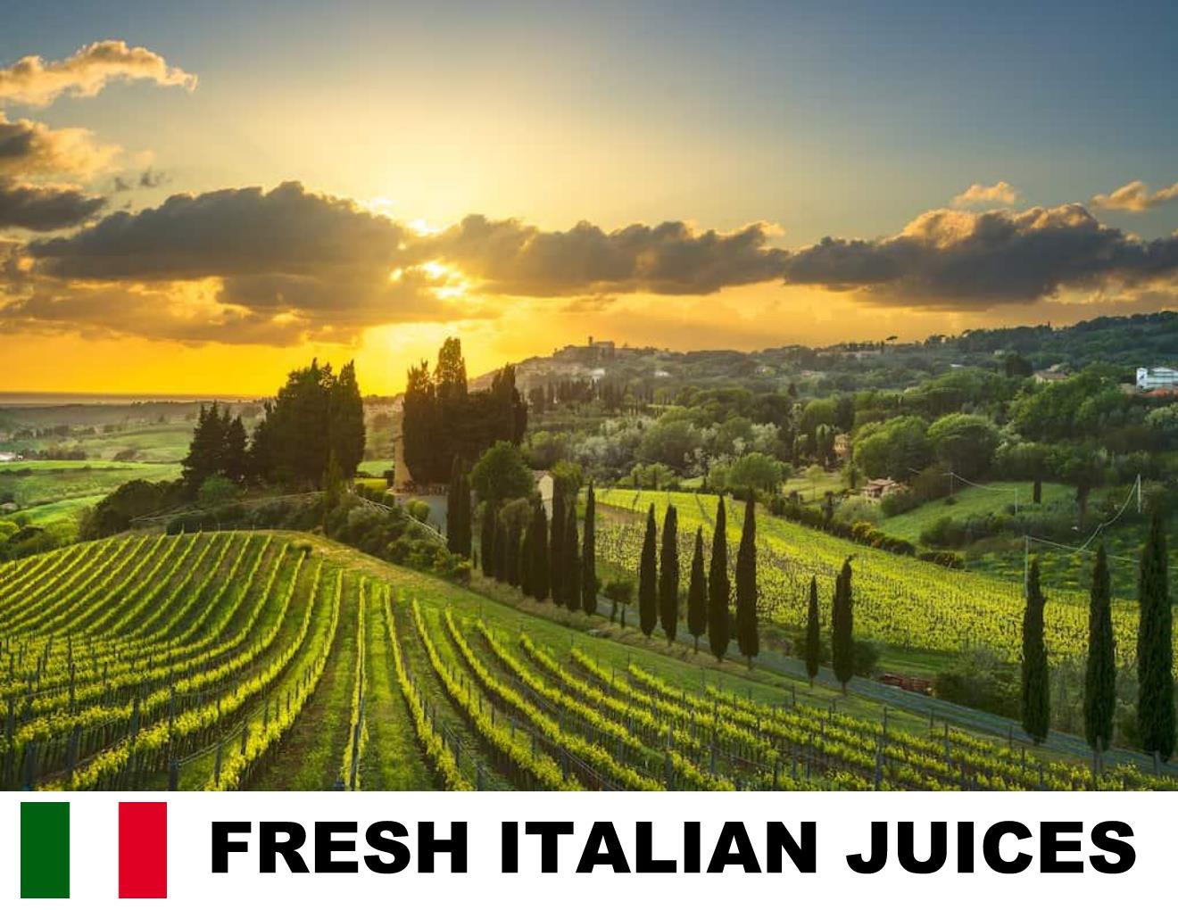 Sunset over an Italian vineyard with 'Fresh Italian Juices' text overlay promoting fresh grape juice from Italian vineyards for wineaking