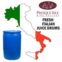 Blue plastic drum of Italian Juice  with Italian flag design and Presque Isle Wine Cellars branding.