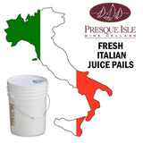 Presque Isle Wine Cellars Fresh Italian Juice Pails with an outline of Italy in Italian flag colors.