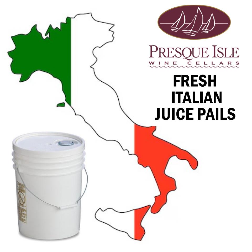Presque Isle Wine Cellars Fresh Italian Juice Pails with an outline of Italy in Italian flag colors.