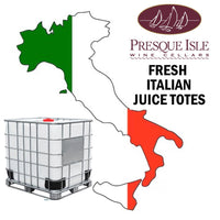 Map of Italy with Presque Isle Wine Cellars branding and a large container labeled 'Fresh Italian Juice Totes'.