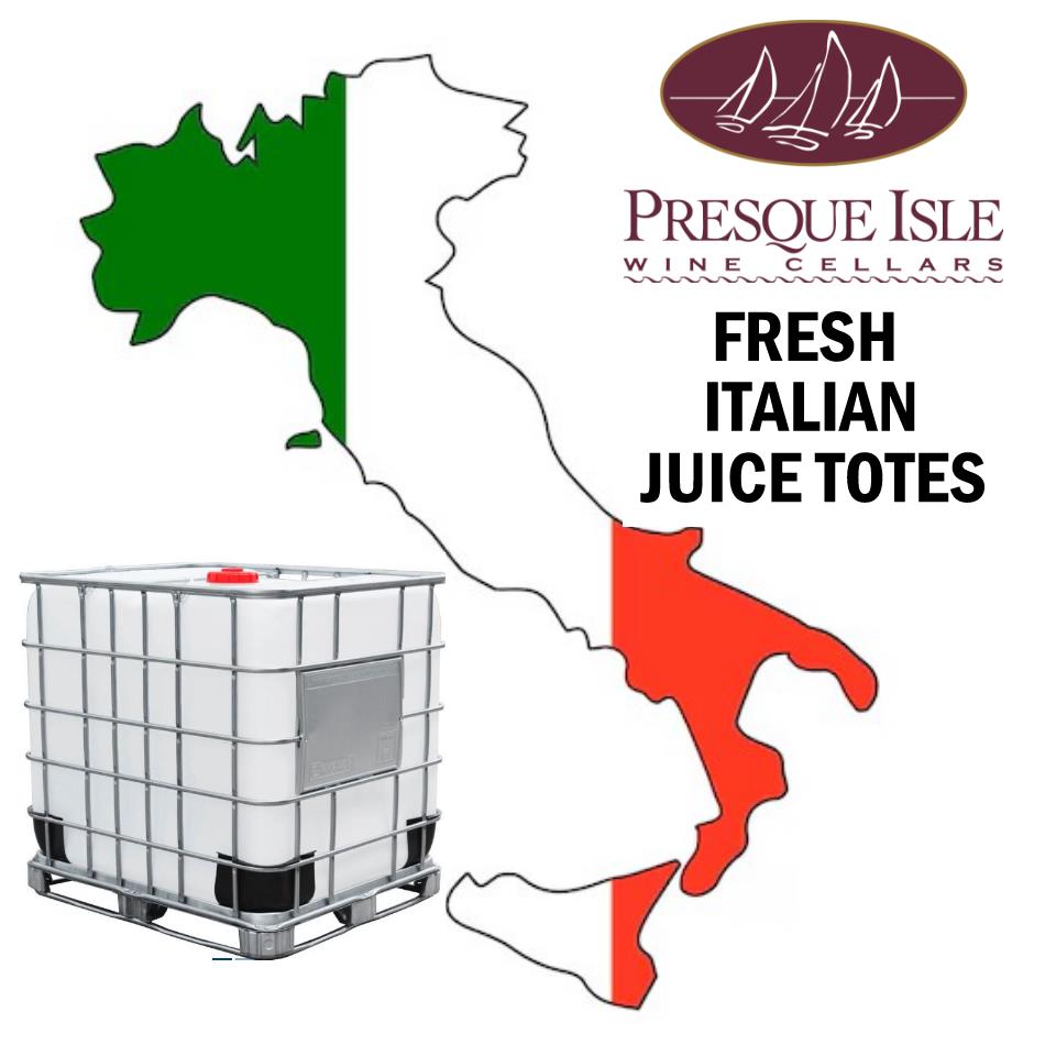 Map of Italy with Presque Isle Wine Cellars branding and a large container labeled 'Fresh Italian Juice Totes'.