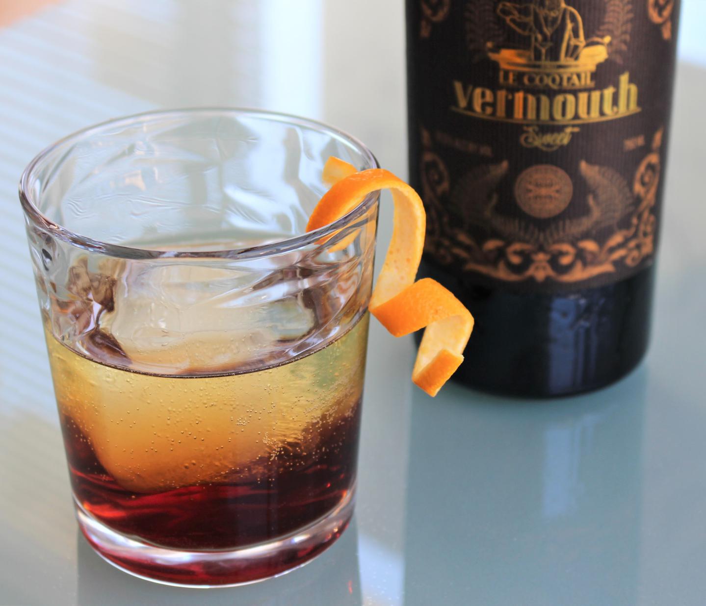 Presque Isle Wine Cellars LeCoqtail craft sweet vermouth straight up with an orange twist