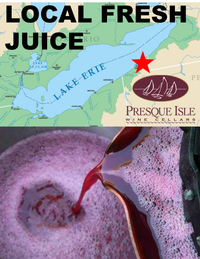 Presque Isle Wine Cellars local Lake Erie Juice; Map of Lake Erie with a star and Presque Isle Wine Cellars logo, above a close-up of red wine juice being pressed.
