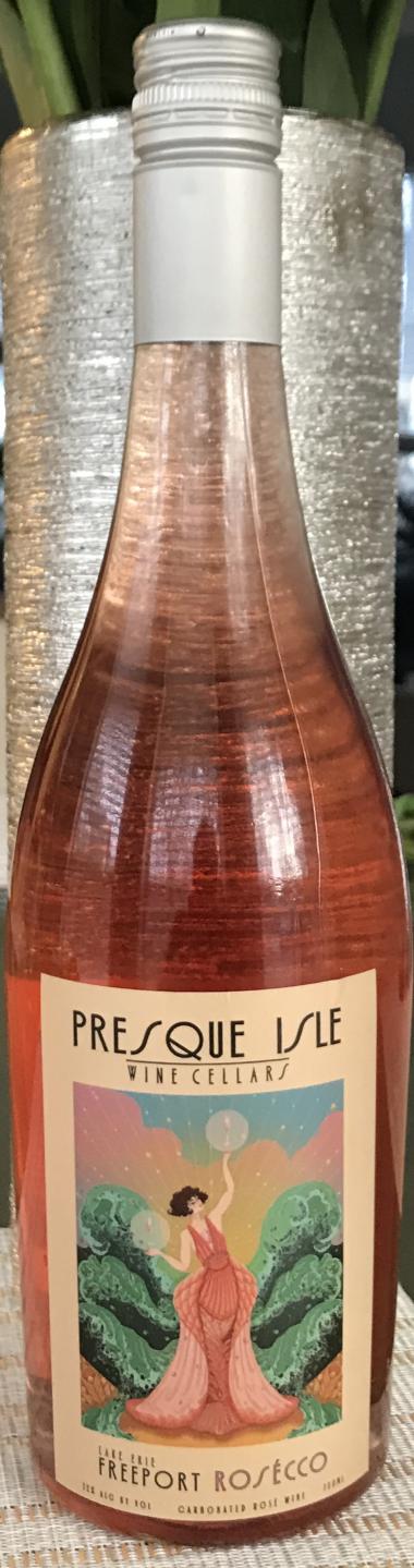 Presque Isle Wine Cellars Freeport Rosecco semi-dry sparkling rose blush wine bottle